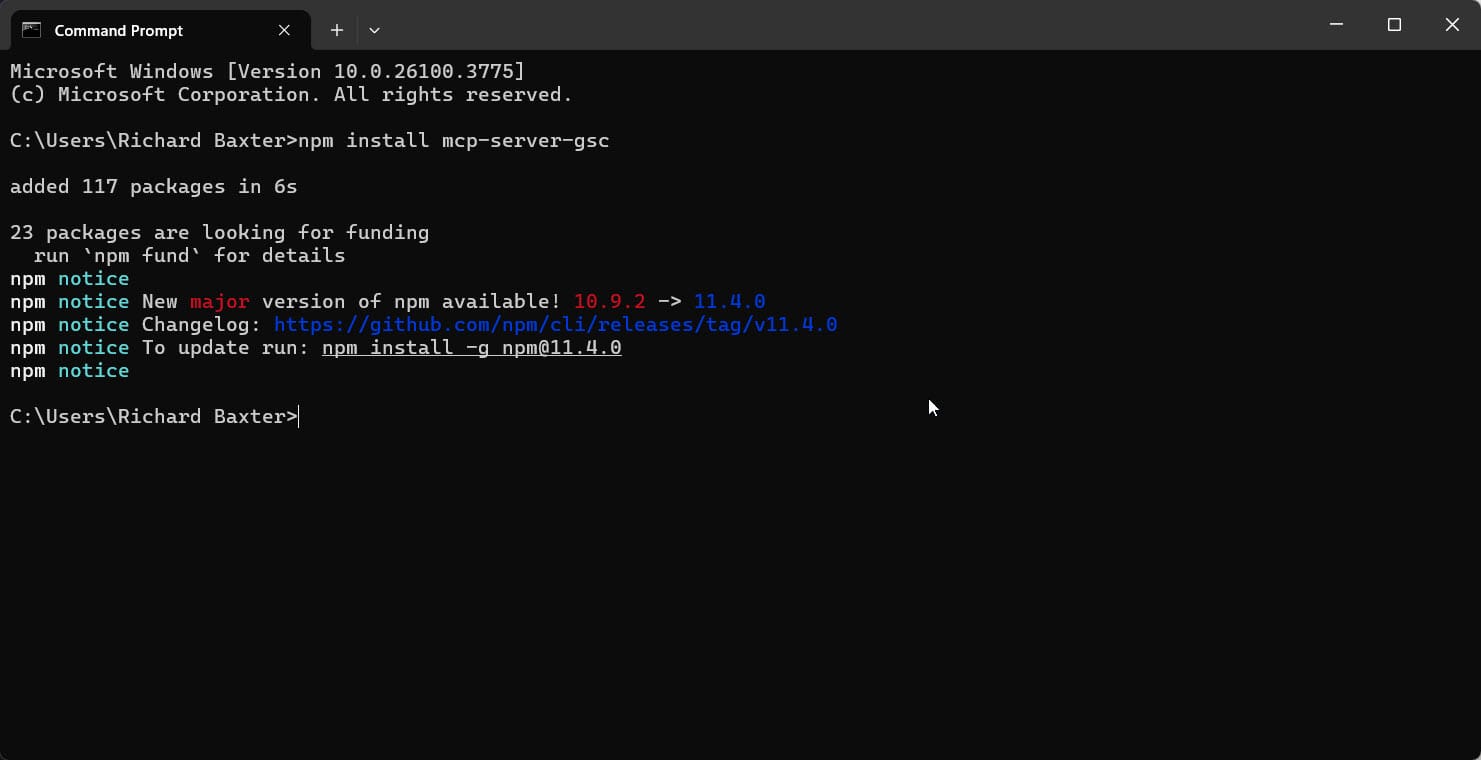 If you have Node installed run: npm install -g mcp-server-gsc